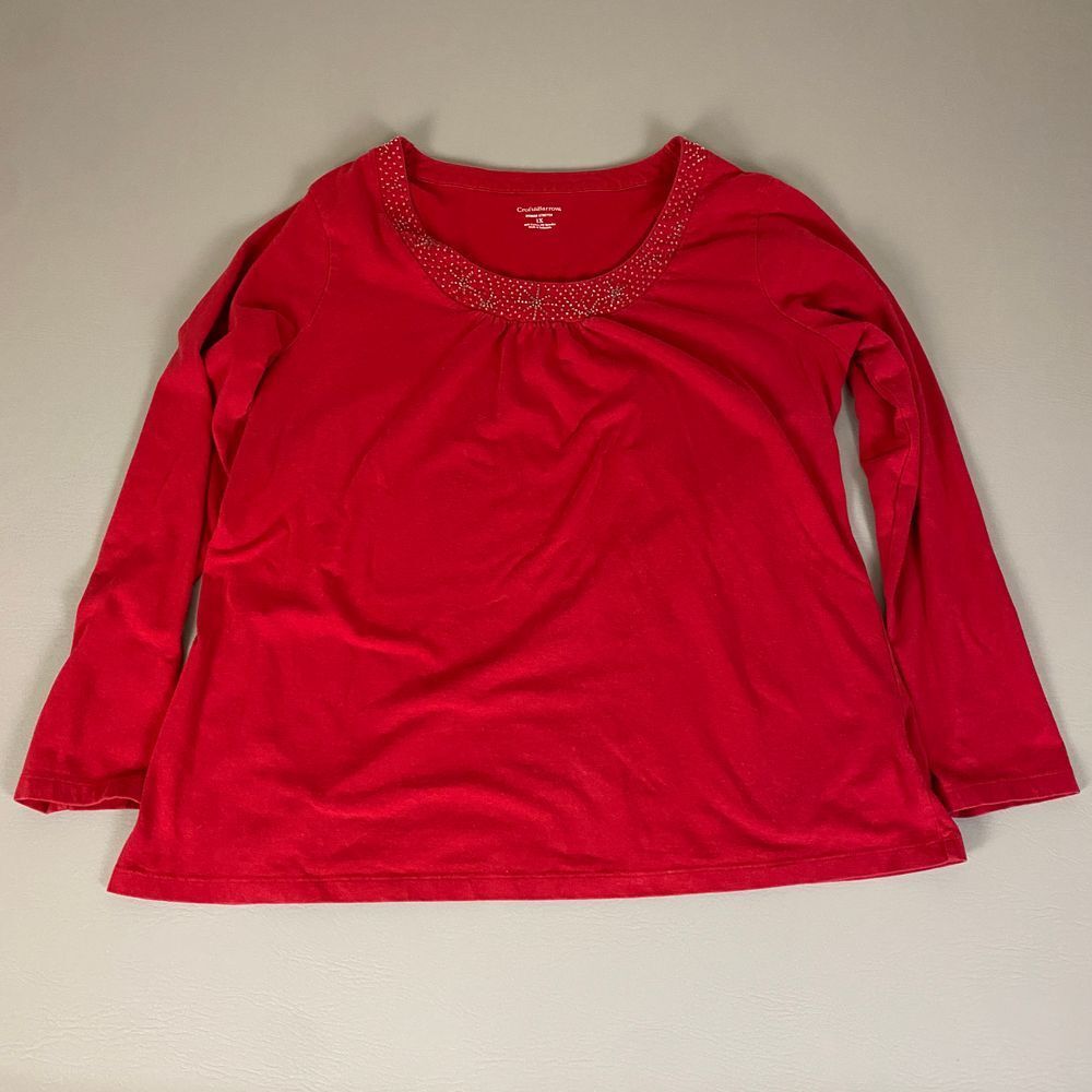 Croft & Barrow Red Embellished Top Plus Size 1X Rhinestone Detail Long Sleeve *